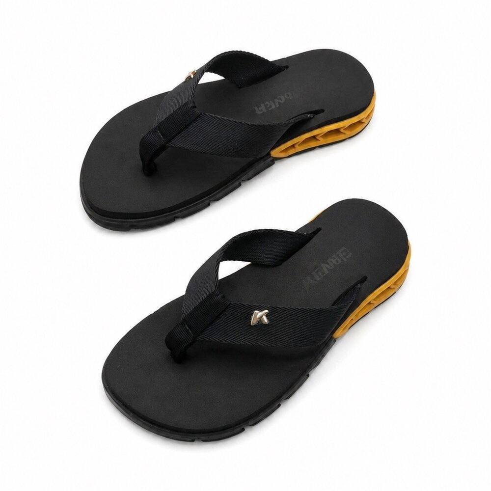 Kenner Men's Thong Sandals Black/Yellow Rubber Slip-On Logo Accent Size 2.5 M